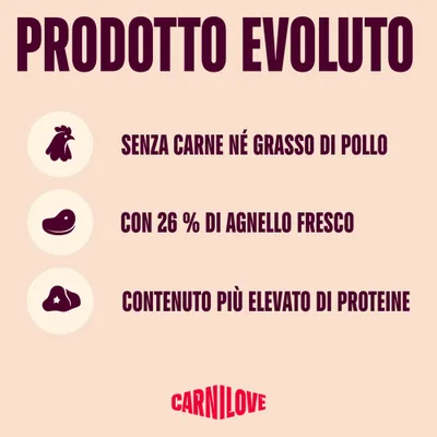 Senza carne o grasso di pollo, con il 26% di agnello fresco, contenuto proteico più elevato. Carnilove. Senza carne o grasso di pollo, con il 26% di agnello fresco, contenuto proteico più elevato. Carnilove.