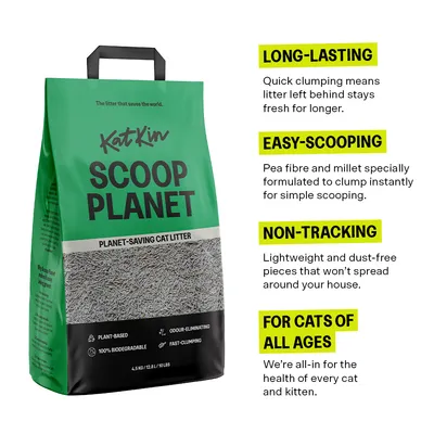 Scoop Planet cat litter features: long-lasting clumping, easy-scooping pea fibre and millet, non-tracking dust-free pieces, suitable for cats of all ages. Plant-based and biodegradable.