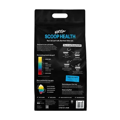 Instructions for using Scoop Health: pour, check, scoop, and mix. Colour chart shows urine health indicators from acidic to alkaline and blood. Features include odour control and health monitoring.