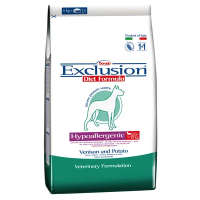 Sac de croquettes Exclusion Diet Formula Hypoallergenic Venison and Potato pour chien, 4 kg, source unique de protéines, formulation vétérinaire, visible : Product of Italy, pour chiens >10 kg.