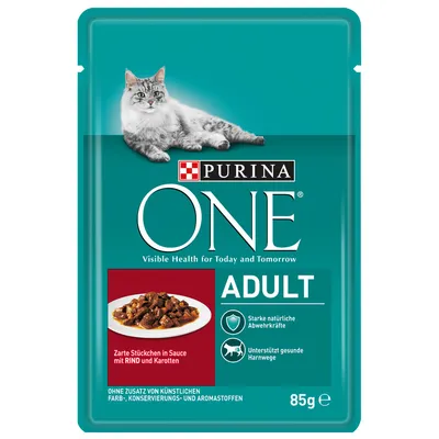 Purina ONE Adult, 85 g. Zarte Stückchen in Sauce mit Rind und Karotten. Sin colorantes, conservantes ni aromatizantes artificiales. Apoya defensas naturales y vías urinarias sanas.