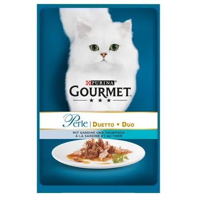 Purina Gourmet Perle Duetto Duo cat food pouch, visible text: mit Sardine und Thunfisch, à la sardine et au thon. Image of white cat and plate with fish pieces in sauce.