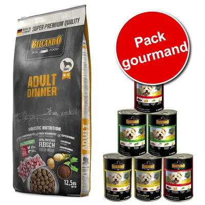 Belcando Dog Food Adult Dinner M–XL, sac 12,5 kg et 6 boîtes de pâtée Belcando avec photo de chien. Texte visible : Pack gourmand.