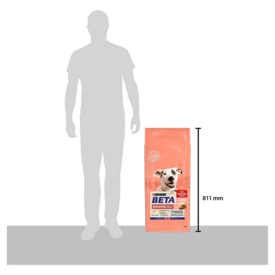 Product size comparison showing a large pet food bag next to an adult human silhouette, with the bag height labelled as 811 millimetres.