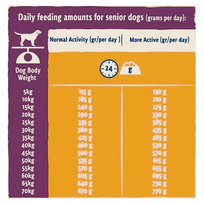 Daily feeding guide for senior dogs by body weight, showing recommended grams per day for normal and more active levels from 5kg to 70kg. Values range from 115g to 770g.