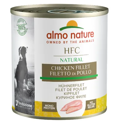 Almo Nature HFC Natural Hühnchenfilet, Monoprotein, glutenfrei, Profits 100% to Nature, Fondazione Capellino. Text in mehreren Sprachen: Filet de Poulet, Kipfilet, Филе куриное.