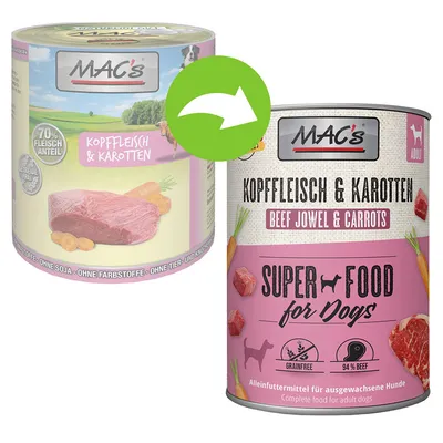 MAC's Kopf Fleisch & Karotten, Super Food for Dogs. Potpuna hrana za odrasle pse, bez žitarica, 94% govedina. Prikazana promjena pakiranja.