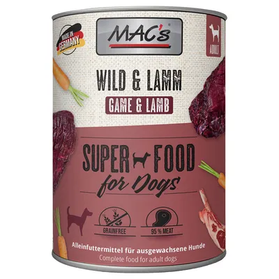 MAC's Wild & Lamm, Super Food voor honden, Made in Germany, graanvrij, 95% vlees, volledig voer voor volwassen honden.
