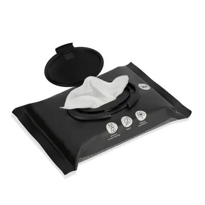 Confezione nera con salviette umidificate, icone: senza test sugli animali, vegano, ingredienti naturali. Contiene 50 salviette.