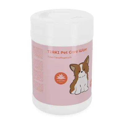 TIAMI Pet Care Wipe, TIAMI Tierpflegetuch mit Aloe Vera Duft, Abbildung eines Hundes auf der Verpackung.