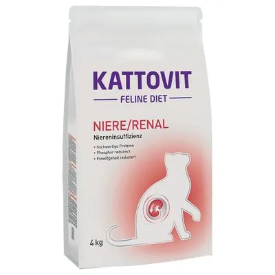 Kattovit Feline Diet Niere/Renal kattenvoer 4 kg, Niereninsuffizienz, hoogwaardige proteïnen, fosfor gereduceerd, eiwitgehalte gereduceerd. Tekst deels in het Duits.