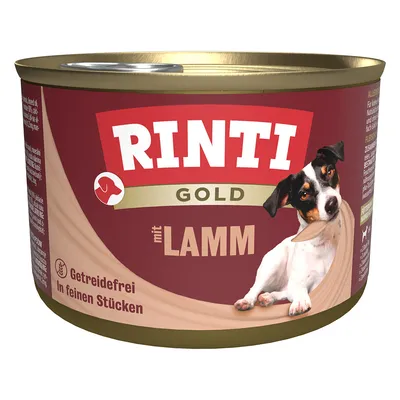 Rinti Gold mit Lamm, getreidefrei, in feinen Stücken. Dose mit rotem und goldfarbenem Design, Hundebild auf der Verpackung.