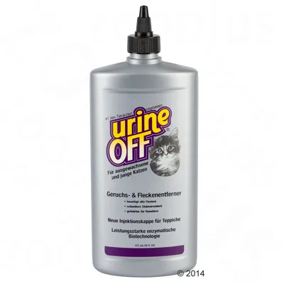 Бутилка Urine Off с изображение на котка, 473 мл. Видим текст на немски: за премахване на миризми и петна, препоръчано от ветеринари, ензимна биотехнология.