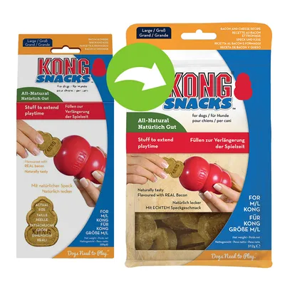 KONG Snacks til hunde, størrelse M/L. Naturligt velsmagende med ægte baconsmag. Til fyld for længere legetid. Nettovægt: 312g.