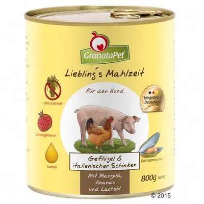 Консерва GranataPet для собак, 800 г. Видны надписи: Ohne Getreide, Granatapfelkerne, Lachsöl, Geflügel & italienischer Schinken, Hergestellt in Deutschland.