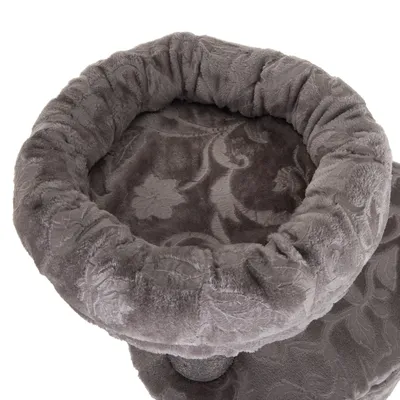 Panier rond en tissu peluche gris avec rebord rembourré et motif floral visible sur la surface intérieure et extérieure.