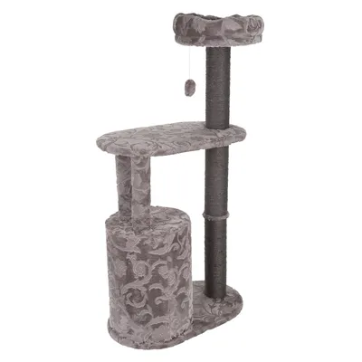 Arbre à chat gris avec trois plateformes, un griffoir en sisal noir, une niche cylindrique et un jouet suspendu en peluche.