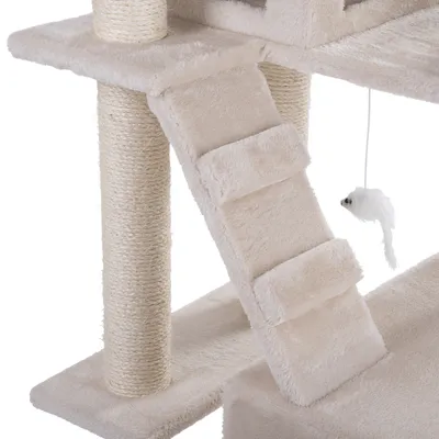 Tiragraffi beige con pali in sisal, rampa rivestita in tessuto e topolini gioco appesi. Struttura multi-livello per gatti visibile nell'immagine.