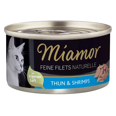 Miamor Feine Filets Naturelle Thun & Shrimps, im eigenen Saft. Bild på katt och filébitar synliga på burkens etikett. Text på tyska och engelska.