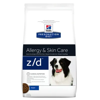 Hill's Prescription Diet Allergy & Skin Care z/d hundfoder, bild på hund och text: Clinical Nutrition, Original. Text på flera språk om hypoallergent foder synlig.