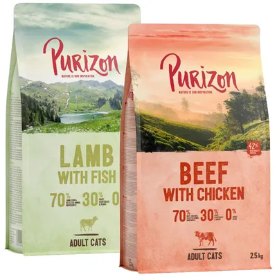 Purizon kattefoder til voksne: Lamb with Fish 70 % animalske ingredienser, 30 % frugt/grønt/urter; Beef with Chicken 70 % animalske ingredienser, 30 % frugt/grønt/urter, 2,5 kg.