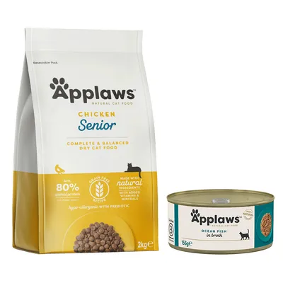 Pienso Applaws Chicken Senior para gatos mayores, 2 kg, visible texto: 80 % proteína animal, sin cereales, ingredientes naturales. Lata Applaws Ocean Fish in broth, 156 g.