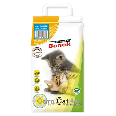 Balenie Super Benek Corn Cat Litter 4,4 kg, zobrazené mačky, text: sea breeze, clumping, absorbs unpleasant odors, natural, GMO free, FutterTester.de, zbyrliające podłoże.