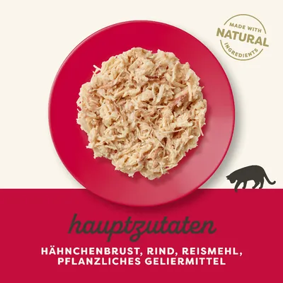 Hauptzutaten: Hähnchenbrust, Rind, Reismehl, pflanzliches Geliermittel. Made with natural ingredients.