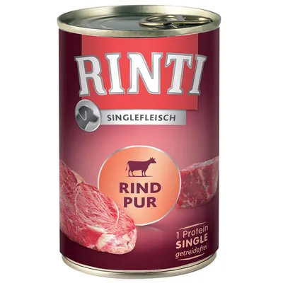 RINTI Singlefleisch Rind Pur, 1 fehérje, gabonamentes. Piros dizájnú konzerv marhahúsdarabok képével.