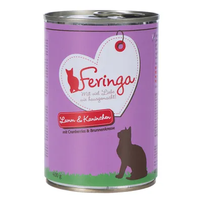 Feringa Lamm & Kaninchen, mit Cranberries & Brunnenkresse, 400 g konzerv. Lila címke, macska sziluett és szív alakú logó látható.