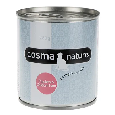 Konzerva Cosma Nature 280 g, natpis 'Chicken & Chicken ham', tekst 'IM EIGENEN SAFT' na etiketi.