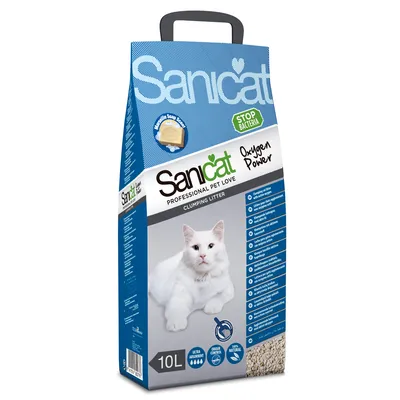 Sanicat Oxygen Power Clumping Litter kattsand, 10 liter. Förpackning med blå och vita detaljer samt synlig lista över produktfördelar på sidan.