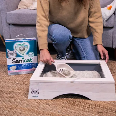Litière pour chat Sanicat Active White, boîte visible à côté d’un bac à litière en bois blanc, personne ramassant un agglomérat avec une pelle en plastique.