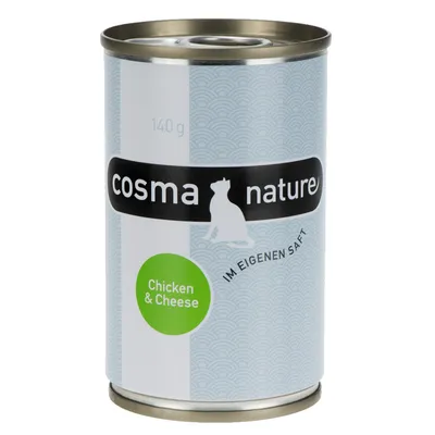 Blik Cosma Nature kattenvoer, 140 g. Smaak: Chicken & Cheese. Tekst op blik: 'im eigenen Saft'. Metaal verpakking zichtbaar.