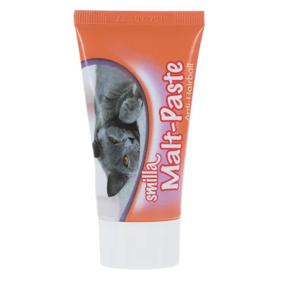 Smilla Malt-Paste Anti-Hairball, оранжевая туба с изображением серой кошки.