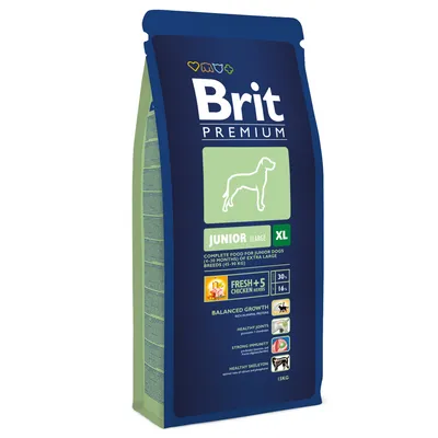 Brit Premium Junior Large XL, hondenvoer voor jonge honden van grote rassen (5-45 kg), 15 kg. Bevat verse kip en kruiden, ondersteunt groei, gewrichten, immuniteit en skeletgezondheid.
