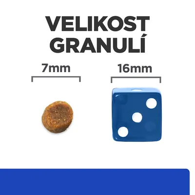 Porovnanie veľkosti granule 7 mm a hracej kocky 16 mm, nadpis: VELIKOST GRANULÍ. Text v češtine.