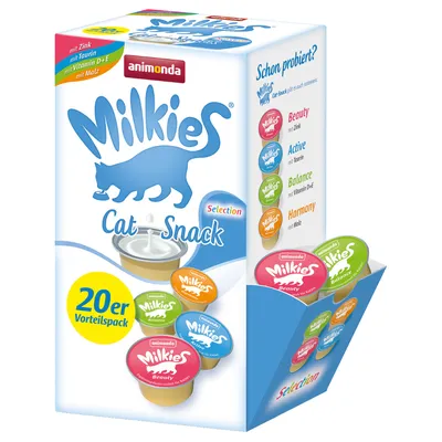 Animonda Milkies Cat Snack Selection, 20-pack. Fyra varianter: Beauty med zink, Active med taurin, Balance med vitamin D+E, Harmony med malt. Förpackning med portionsbägare.