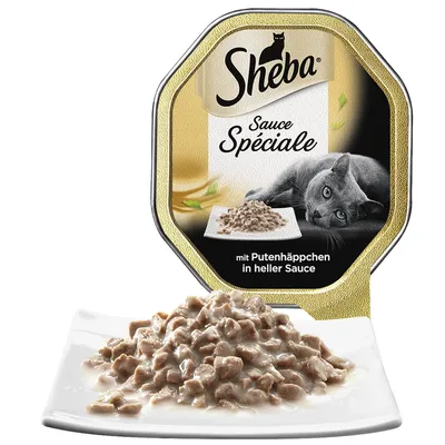 Sheba Sauce Spéciale kattenvoer, mit Putenhäppchen in heller Sauce. Portieverpakking en portie kalkoenstukjes in lichte saus op een wit bord zichtbaar.