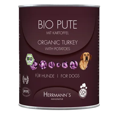Lata de Herrmann's BIO PUTE mit Kartoffel, Organic Turkey with Potatoes, para perros. Certificados Bio y CO2 neutral visibles en el envase. Imagen de un perro en la etiqueta.