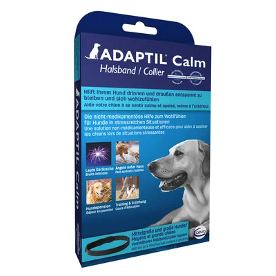 Opakowanie ADAPTIL Calm Halsband dla średnich i dużych psów, widoczny czarny regulowany obroża, tekst w języku niemieckim i francuskim, zdjęcie psa oraz przykłady zastosowań.