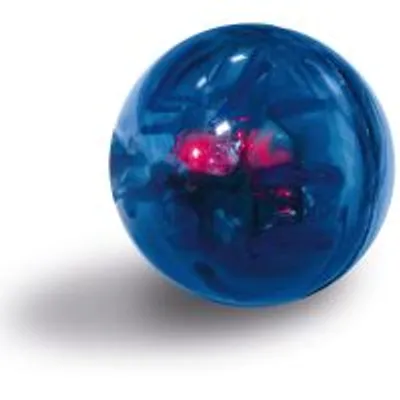 Blauer transparenter Ball mit innenliegendem roten Licht, Kunststoffmaterial sichtbar.