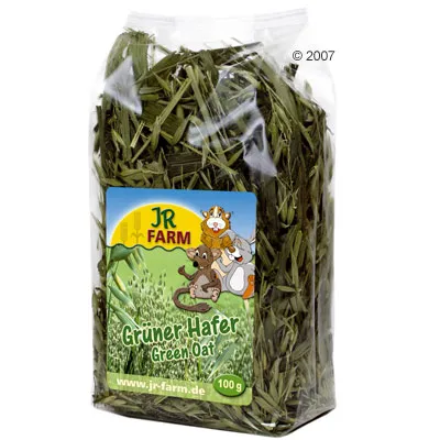 Sachet de 100 g d’avoine verte JR Farm, étiquette avec texte Grüner Hafer Green Oat et illustrations d’animaux. Texte en allemand et anglais visible sur l’emballage.