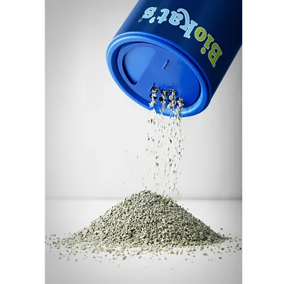 Blue BioKat's dispenser design for cat litter, pours litter precisely.