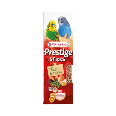 Versele-Laga Prestige Sticks with egg and thyme. Free from synthetic preservatives, colourings and flavourings. Contains honey and oyster shells.