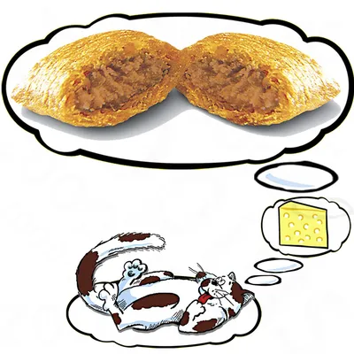 Illustration d’un chat rêvant de fromage et d’un snack fourré. Snack coupé en deux avec une garniture à base de viande.