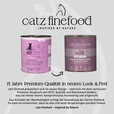 catz finefood Classic Adult Lamm & Kaninchen: Vergleich alte und neue Verpackung, Hinweis auf neues Design bei gleichbleibender Qualität, nachhaltige Umstellung. catz finefood Classic Adult Lamm & Kaninchen: Vergleich alte und neue Verpackung, Hinweis auf neues Design bei gleichbleibender Qualität, nachhaltige Umstellung.