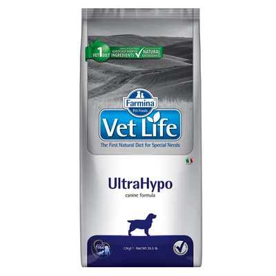Confezione Farmina Vet Life UltraHypo canine formula, 12 kg. Testi visibili: 'Genetically modified ingredients', 'Natural antioxidants', bandiera italiana, sagoma cane.