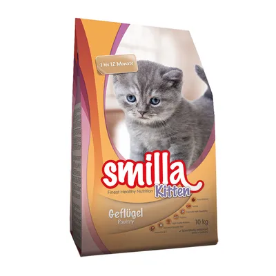 Balenie Smilla Kitten Geflügel Poultry, 10 kg. Text: Finest Healthy Nutrition, 1 bis 12 Monate. Obrázok sivého mačiatka na obale. Viditeľné ikony a informácie o zložení.