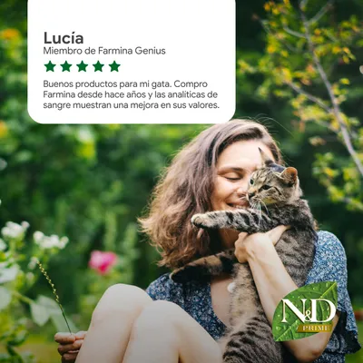 Valoración de cliente por Lucía, miembro de Farmina Genius: 5 estrellas. Comentario: Buenos productos para mi gato, los valores sanguíneos han mejorado. Logo de N&D Prime en la esquina inferior derecha. Valoración de cliente por Lucía, miembro de Farmina Genius: 5 estrellas. Comentario: Buenos productos para mi gato, los valores sanguíneos han mejorado. Logo de N&D Prime en la esquina inferior derecha.